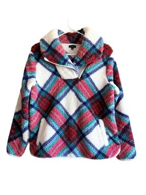 Talbots Ultra Plush Sherpa Fleece Top Zip Blue Green Plaid Women’s Med Petite